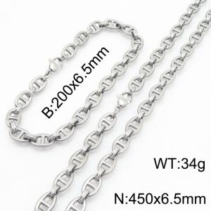 Silver Color 200x6.5mm Bracelet 450X4.5mm Necklace Lobster Clasp Pig Nose Link Chain Jewelry Sets For Women Men - KS217101-Z
