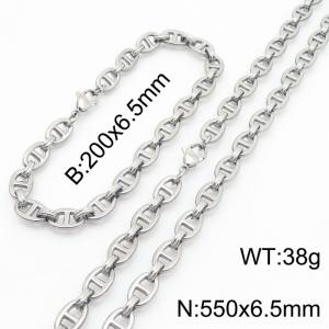 Silver Color 200x6.5mm Bracelet 550X4.5mm Necklace Lobster Clasp Pig Nose Link Chain Jewelry Sets For Women Men - KS217103-Z
