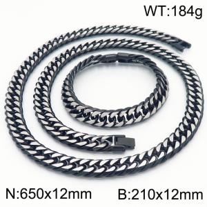 Vintage Inspirations 12mm Cuban Link Chain Necklace Heavy Urban Bracelets Black Plated Stainless Steel Jewelry Set - KS217114-KFC