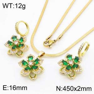 Fashionable and versatile stainless steel snake bone chain hanging creative flower shaped diamond green glass earrings&necklace gold 2-piece set - KS217166-BI