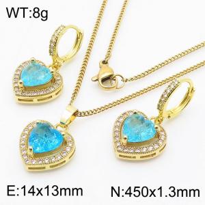 Fashionable and versatile stainless steel special chain hanging creative heart-shaped blue glass earrings&necklace gold 2-piece set - KS217168-BI