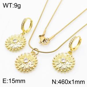 Fashionable and versatile stainless steel snake bone chain hanging creative circular diamond studded eye earrings&necklace gold 2-piece set - KS217169-BI