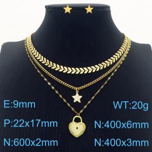 European and American fashion stainless steel three-layer mixed chain hanging heart-shaped lock star pendant charm gold necklace&earring set - KS217173-BI