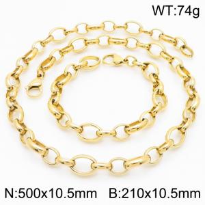 Simple and personalized stainless steel 210 × 10.5mm O-shaped chain lobster buckle charm gold bracelet&necklace set - KS217178-KFC
