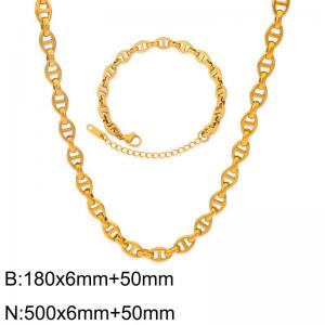 Stainless Steel Pig Nose Chain Jewelry Set for Women 6MM Polished Gold Color Bracelet Necklace - KS217196-Z