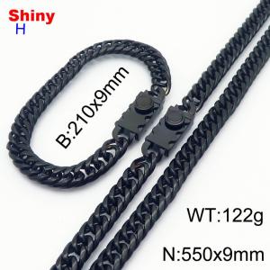 550mm 9mm Stainless Steel Set Necklace Bracelet Cuban Chain Safety Buckle Black Color - KS218446-Z