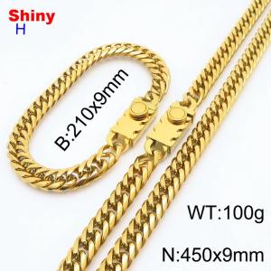 450mm 9mm Stainless Steel Set Necklace Bracelet Cuban Chain Safety Buckle Gold Color - KS218451-Z