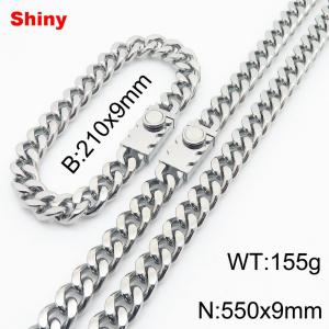 210x9mm Bracelet 550x9mm Necklace Silver Color Stainless Steel Big Heavy Round Cuban Link Chain Jewelry Sets For Men Women - KS218551-Z