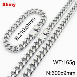 210x9mm Bracelet 600x9mm Necklace Silver Color Stainless Steel Big Heavy Round Cuban Link Chain Jewelry Sets For Men Women - KS218552-Z
