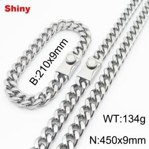210x9mm Bracelet 450x9mm Necklace Silver Color Easy Clasp Stainless Steel Shiny Cuban Link Chain Jewelry Sets For Men Women - KS218577-Z