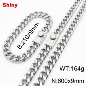 210x9mm Bracelet 600x9mm Necklace Silver Color Easy Clasp Stainless Steel Shiny Cuban Link Chain Jewelry Sets For Men Women - KS218580-Z