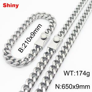 210x9mm Bracelet 650x9mm Necklace Silver Color Easy Clasp Stainless Steel Shiny Cuban Link Chain Jewelry Sets For Men Women - KS218581-Z