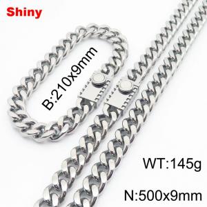 210x9mm Bracelet 500x9mm Necklace Silver Color Stainless Steel Cuban Curb Link Chain Chunky Jewelry Sets For Men Women - KS218599-Z