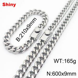 210x9mm Bracelet 600x9mm Necklace Silver Color Stainless Steel Cuban Curb Link Chain Chunky Jewelry Sets For Men Women - KS218601-Z
