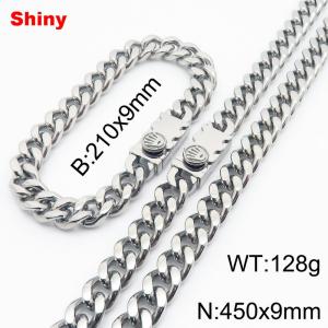 Steel colored stainless steel bracelet necklace Cuban chain set - KS218619-Z