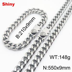 Steel colored stainless steel bracelet necklace Cuban chain set - KS218621-Z