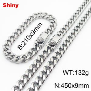 Steel colored stainless steel bracelet necklace Cuban chain set - KS218640-Z