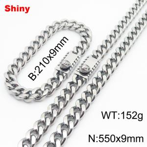 Steel colored stainless steel bracelet necklace Cuban chain set - KS218642-Z