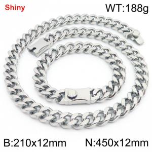 12MM Silver Color Stainless Steel Cuban Chain Bracelet Necklace Set Fashion Shiny Jewelry Sets - KS219332-Z