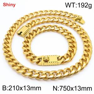 750&210x13MM Gold Color Stainless Steel Cuban Chain Bracelet Necklace Set Fashion Shining Jewelry Set - KS219590-Z