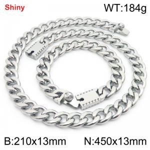 13MM Silver Color Stainless Steel Cuban Chain 21cm Bracelet and 45cm Necklace Set Fashion Shiny Jewelry Sets For Men and Women - KS219696-Z