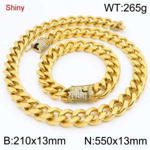 Simple and stylish polished stainless steel 13mm diamond studded buckle Cuban bracelet necklace set - KS219878-Z