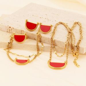 Gold fan-shaped red agate double-layer chain four piece set for women - KS219951-LX
