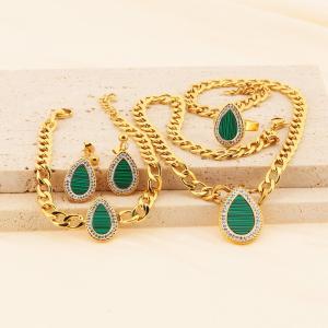 Water droplet shaped green peacock stone gold four piece set for women - KS219962-LX