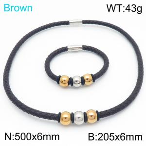 Decorated 6mm Gold-Plated Stainless Steel&Brown Leather 20.5cm Bracelet&50cmm Necklace Jewelry Set - KS220073-TXH
