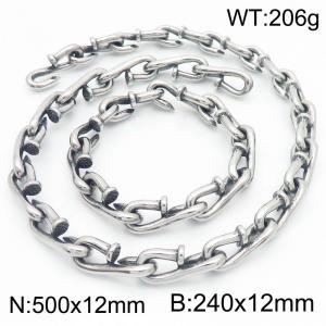 Personality 12mm Nail Chain Stainless Steel Lifting Hook Bracelets Necklaces Jewelry Set - KS220107-KJX