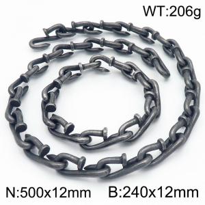 12mm Nail Chain Stainless Steel Lifting Hook Bracelets Necklaces Boil Black Jewelry Set - KS220109-KJX