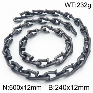 12mm Nail Chain Stainless Steel Lifting Hook Bracelets Necklaces Boil Black Jewelry Set - KS220110-KJX