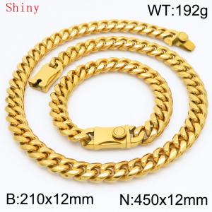 Fashionable and minimalist polished plain chain men's 12 * 450mm titanium steel gold-plated Cuban bracelet necklace two-piece set - KS220497-Z