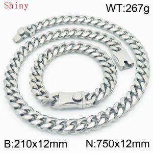 Fashionable and minimalist polished plain chain men's 12 * 750mm titanium steel Cuban bracelet necklace two-piece set - KS220510-Z