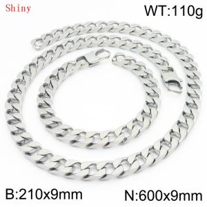 9mm minimalist stainless steel imitation cast chain polished steel color bracelet necklace two-piece set - KS220806-Z