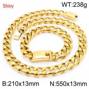 Trendy and fashionable stainless steel 13mm imitation cast chain curved buckle gold bracelet necklace two-piece set - KS220986-Z