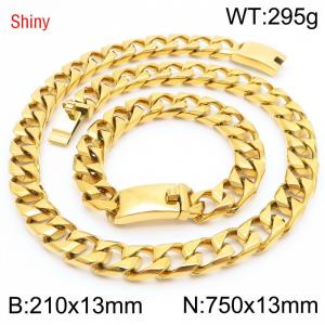 Trendy and fashionable stainless steel 13mm imitation cast chain curved buckle gold bracelet necklace two-piece set - KS220990-Z