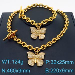 Fashionable French style stainless steel diamond inlaid dynamic butterfly bracelet necklace two-piece set - KS221180-Z