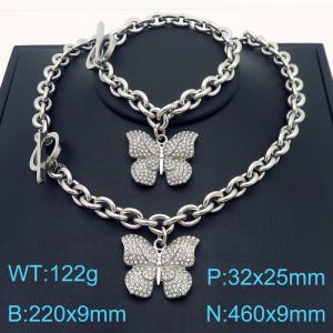 Fashionable French style stainless steel diamond inlaid dynamic butterfly bracelet necklace two-piece set - KS221181-Z