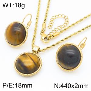 18mm Women's Stainless Steel Brown Pattern Gemstone Gold Jewelry Set - KS221320-GC