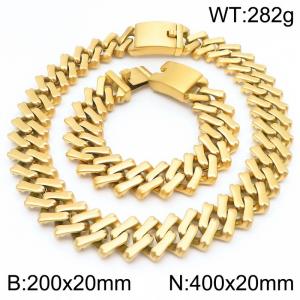 20mm Gold-Plated Stainless Steel Square Cuban Links 20cm Bracelet&40cm Necklace - KS221708-KJX