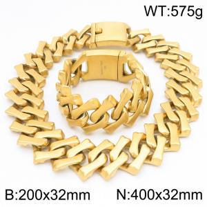 32mm Gold-Plated Stainless Steel Square Cuban Links 20cm Bracelet&40cm Necklace - KS221717-KJX