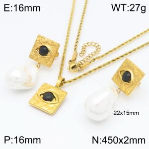 Charming Eye Square Pendant Jewelry Sets Women Gold Color Stainless Steel Shell Pearl Earrings - KS222177-GC