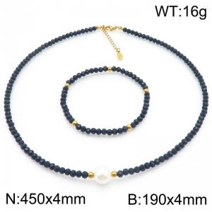 Black Beaded Chain Shell Pearl Jewelry Sets for Women Stainless Steel Necklace Bracelet - KS222188-Z