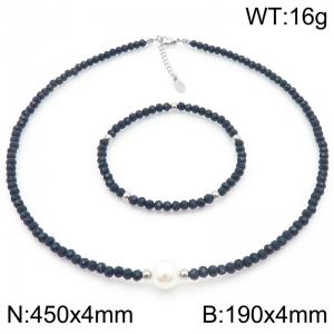 Black Beaded Chain Shell Pearl Jewelry Sets for Women Stainless Steel Necklace Bracelet - KS222189-Z