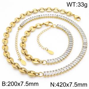 Crystal Splicing Coffee Beans Chain Jewelry Sets for Women Gold Color Stainless Steel Necklace Bracelet Accessories - KS222315-Z