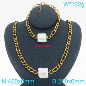 Gold Color Stainless Steel Women's Jewelry Sets Links Square Pearls Accessories Necklace Bracelet - KS222341-Z
