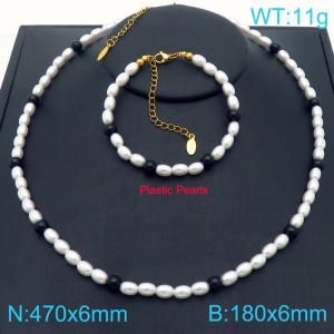 Plastic Pearls with Black Round Beads Jewelry Sets Gold Color Stainless Steel Women's Necklace Bracelet - KS222361-Z