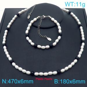 Plastic Pearls with Black Round Beads Jewelry Sets  Stainless Steel Women's Necklace Bracelet - KS222362-Z