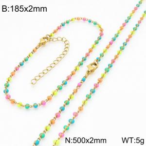 Fashion Ins style stainless steel colorful rice bead chain bracelet necklace two-piece set - KS222442-Z